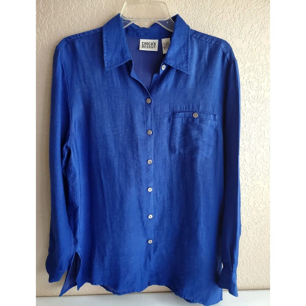 Chicos Design 1 Blue Linen Blend Button Front Blouse Minimalist Coastal Chic